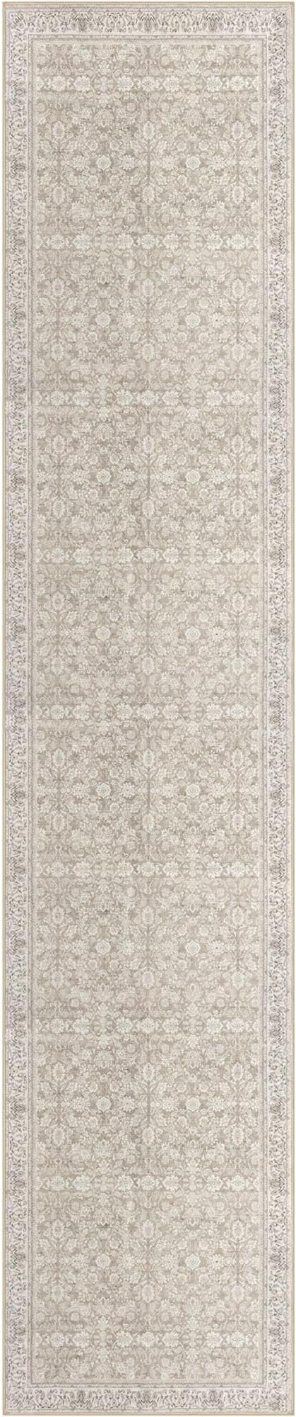 2.6x12 Washable Runner Rug for Kitchen, Cream Beige White Grey Soft Classic Runner with Non-Slip, Non-Shedding Distressed Floral Rug for Hallways Entryway Bedroom Laundry Indoor