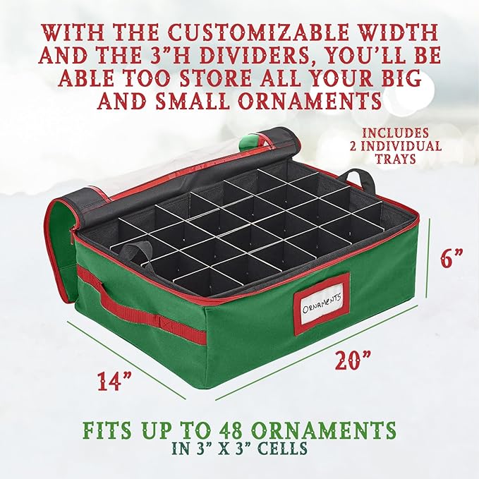 HOLDN’ STORAGE Christmas Ornament Storage Box with Dividers - Fits 48-3” Ornaments, 2 Removable Trays, Durable & Space-Saving, Clear Top Lid, Fits Underbed, Green