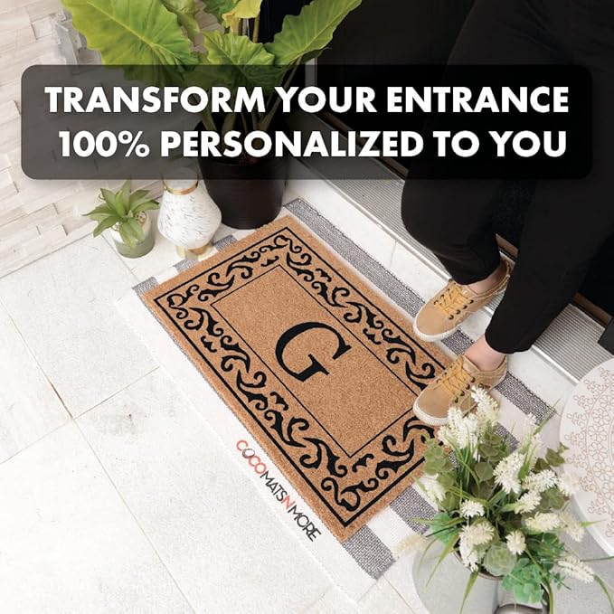 COCO MATS 'N MORE Black Rolling Scrolls Bordered Monogrammed Coco Doormat 18" x 30" with Vinyl Backing | Personalized Monogrammed Coir Outdoor Doormat | Minimal Shedding