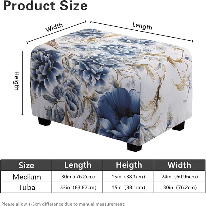 Blue Flower Ottoman Covers Slipcover Rectangle Chair Cover for Living Room Foot Stool Elastic Easy to Install Footstool Protector Dust Cover Rustic Home Decor 30x24x15 Inch