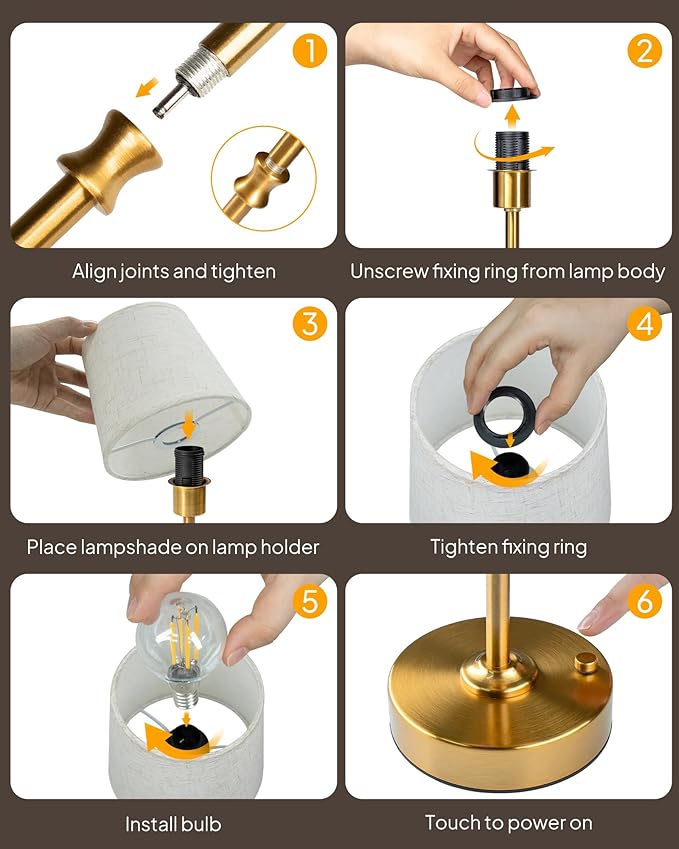 EppieBasic Cordless Table Lamp Rechargeable: Fast Charging & Long Lasting - 2700K Warm Light Vintage Gold Lamps - Dinning Living Room Bedroom - Linen Shade