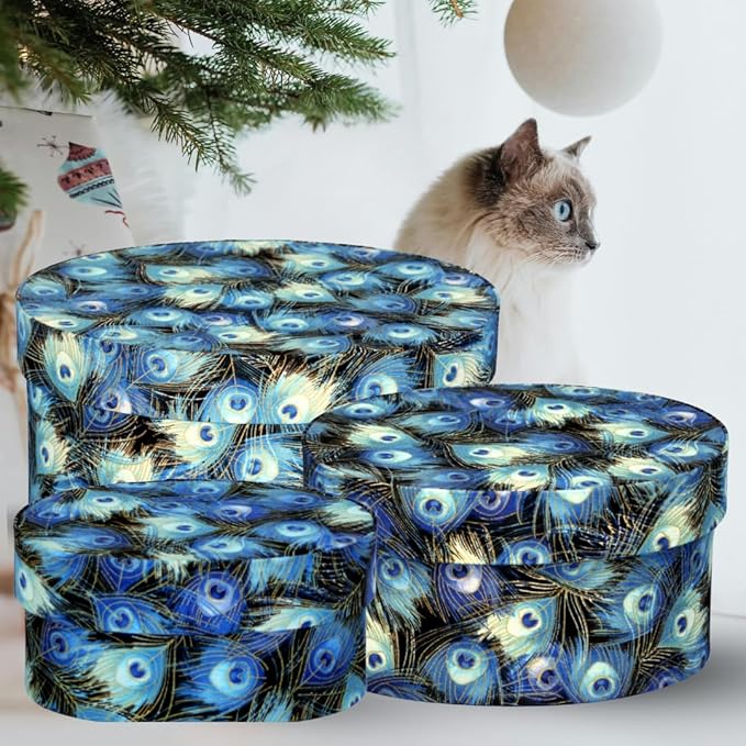 Sarah's Hat Boxes – Peacock Feathers Decorative Gift Box Set of 3 | Elegant Reusable Storage Boxes for Gifts, Keepsakes, Jewelry, or Special Items | Unique Printed Design