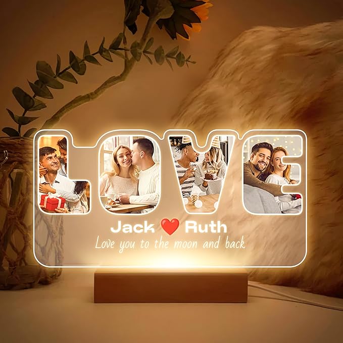 Custom Picture Frames with Photo, Personalized Photo Frame with Night Light, Customized Picture Frame, Personalized Christmas Anniversary Couples Gifts for Women Men Her Him Girlfriend Boyfriend