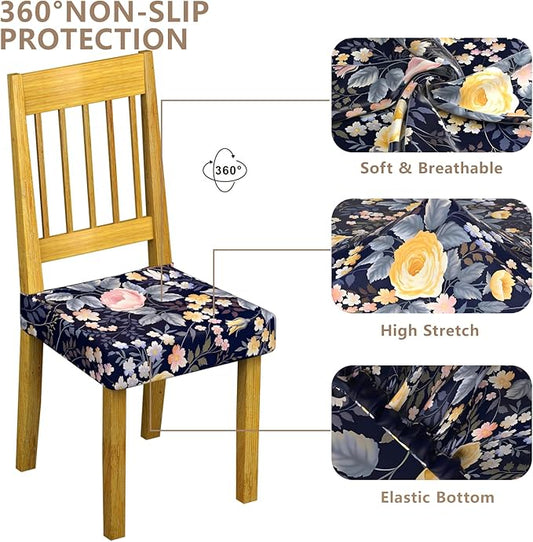 Stretch Dining Chair Seat Covers Set of 6,Dining Chair Slipcovers, Floral Printed Chair Covers,Soft Fabric Washable Upholstered Chair Seat Protector, No Rear Covers for Home Kitchen Dining Room