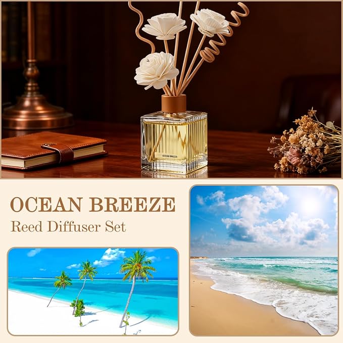 Ocean Breeze Reed Diffuser Set - 6.7 oz Glass Bottle with 4 Rattan Sticks, 3 Dried Flowers | Adjustable, Long-Lasting Scent for Home, Bedroom, Living Room, Office, Bathroom | Aromatherapy Gift Set