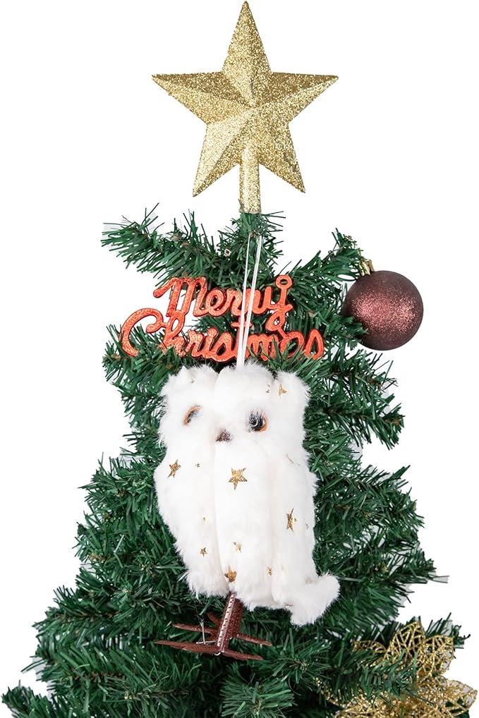 Cartanfill-Christmas Tree Owl Ornaments Set with Gold Star Topper, Plush Decorative Winter Birds, Pink Mint Brown White (B 2PC)
