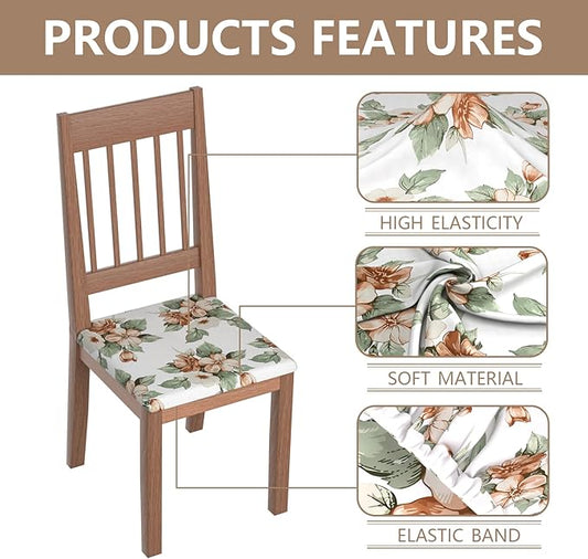 Stretch Dining Chair Seat Covers Set of 6,Dining Chair Slipcovers, Floral Printed Chair Covers,Soft Fabric Washable Upholstered Chair Seat Protector, No Rear Covers for Home Kitchen Dining Room