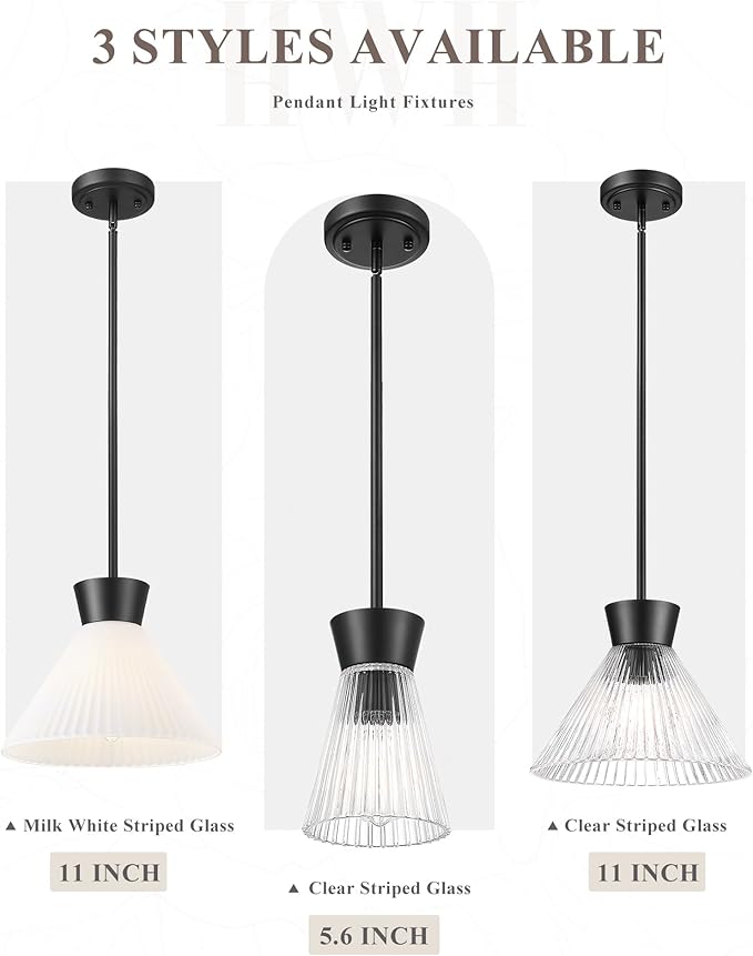 Pendant Lights Kitchen Island, HWH Hanging Light Fixture Set of 2, 5.6 Inch Pendant Light Fixtures Ceiling with Clear Striped Glass, Matte Black Finish, 5HZG107MIL-2PK BK