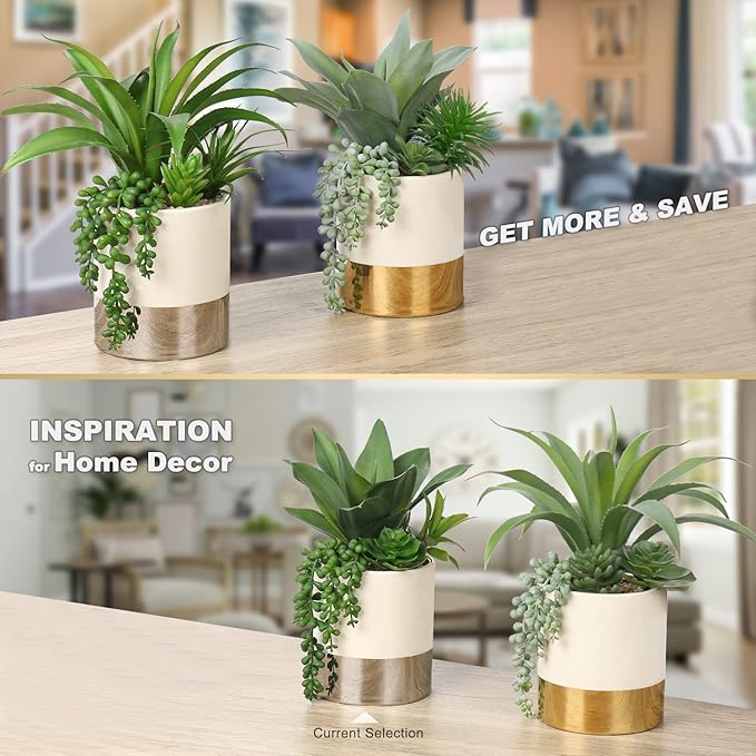 Hollyone Large Artificial Succulents Plants Faux Succulents 12" Fake Succulent Plants in Gold Ceramic Pot Succulent Plant for Desk Modern Home Living Room Office Table Bathroom Decor