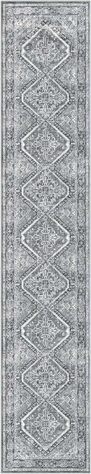 KUTA Oriental Washable Runner Rug Grey, 2x10 Non-Slip Vintage Hallway Kitchen Rugs Ultra Soft Printed Distressed Tribal Floor Carpet Runners for Bedroom Living Room Playroom
