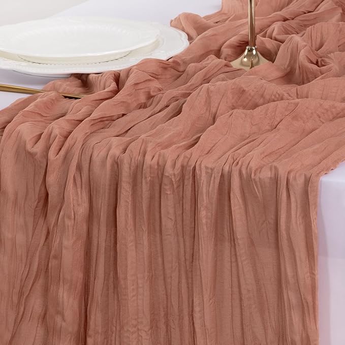 Socomi Dusty Rose Valentine's Day Cheesecloth Table Runner Boho Rustic Gauze 120 inch 10FT Cheese Cloth Runner for Wedding Party Baby Shower Birthday Home Decor Holiday Decorations