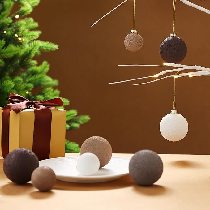 Christmas Ornaments Set 12PCS - 2.4 Inch Textured Shatterproof Vintage Neutral Ball Ornaments for Tree Rustic Farmhouse Decor
