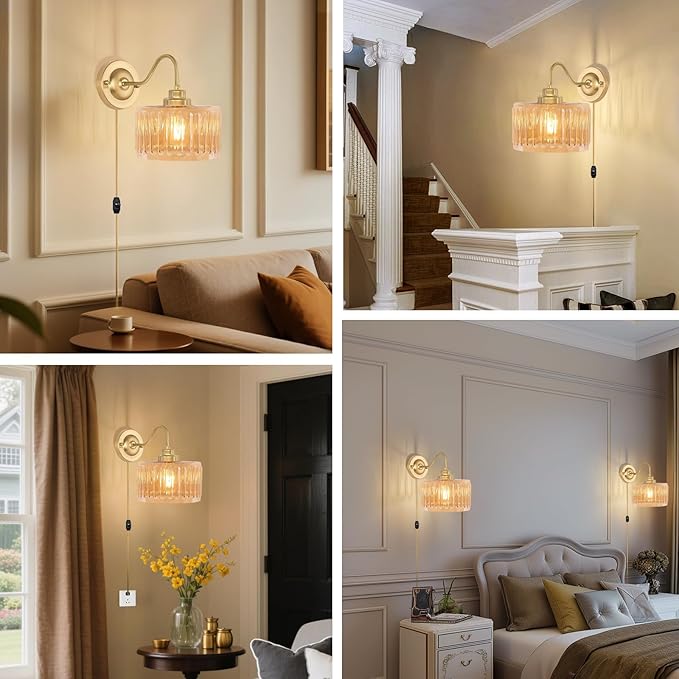 Vintage Plug in Wall Sconces,Dimmable Wall Sconces of Two,Wall Lamps with Plug in Cord & Flower Glass Lampshade,Gold Sconces Wall Decor Set of 2 Wall Lights Sconces for Bedroom