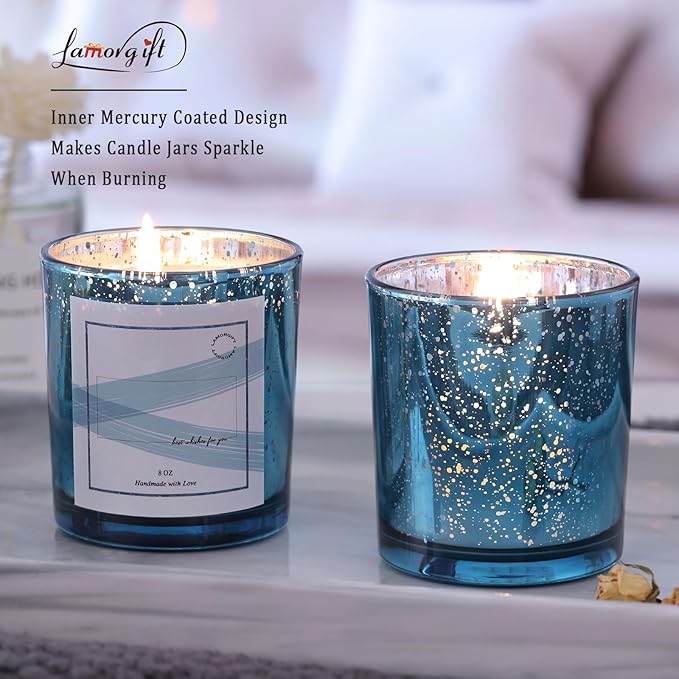 LAMORGIFT 15 Pack Glass Candle Jars with Lids (8oz, Lake Blue) - Candle Making Jars Containers for Making Candles - Mercury Glass Candle Jars include 20 Pcs Labels