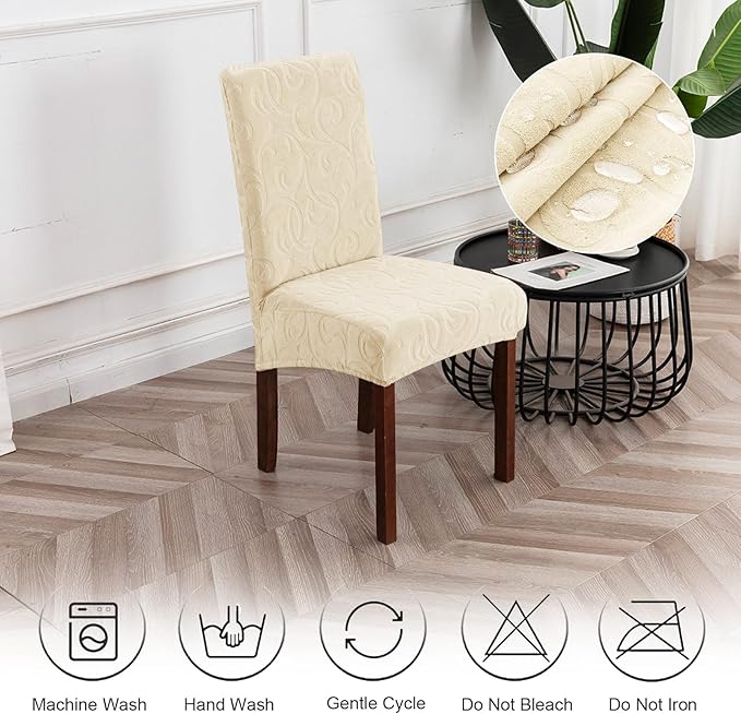 Genina Waterproof Dining Room Chair Covers Stretch Parsons Chair Slipcovers for Dining Room Kitchen Chair Protector Cover, Removable, Washable (4 Large, Flower Pattern-Beige)