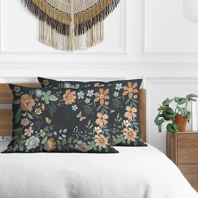 Floral Pillow Protectors with Zipper Standard Size Boho Wildflower Pillow Covers Set of 2 Rustic Moody Botanical King Size Pillowcases Farmhouse Dark Pillowcover Bedding Decorative 36"x20"