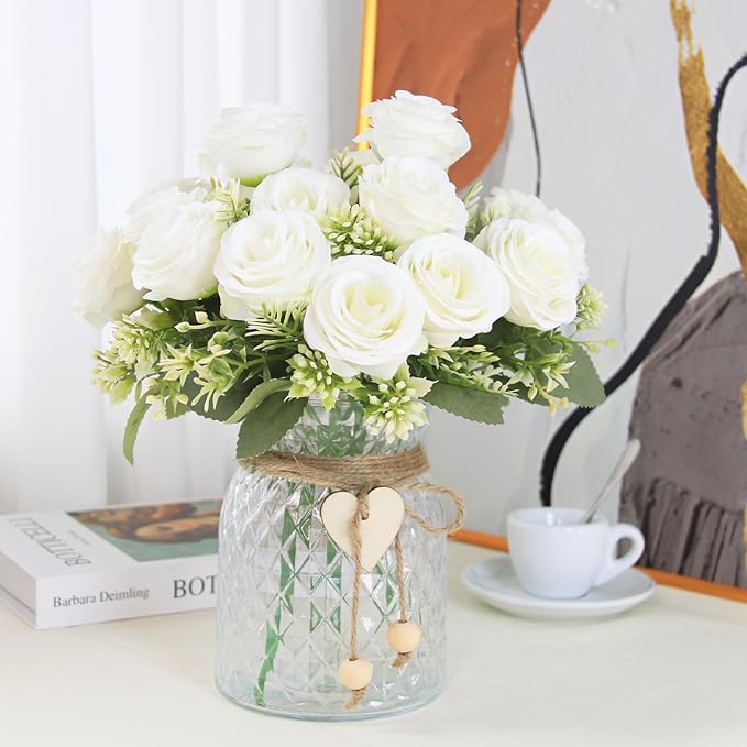 Faux Flowers in Vase,Fake Flowers in Vase 18 Pcs Faux Rose Flowers,Artificial Flowers for Home Decor, Indoor Centerpiece for Living Room & Dining Table (White)