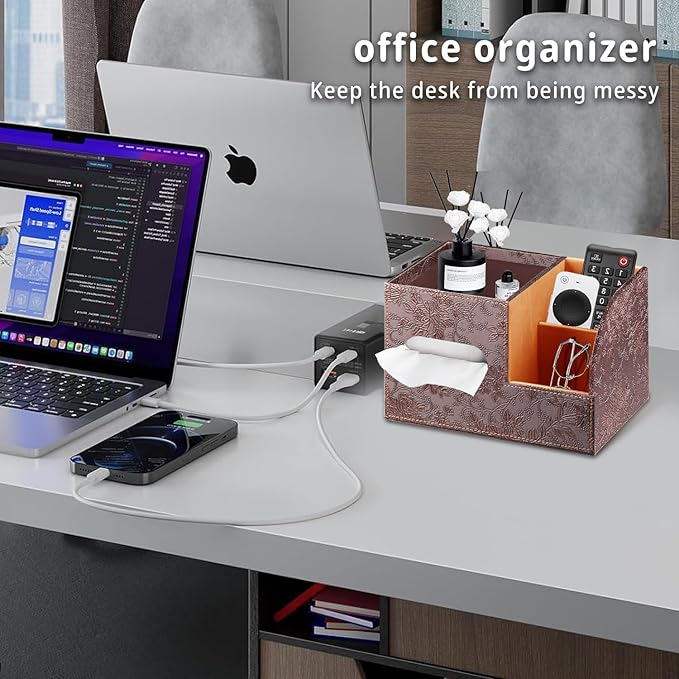 PU Leather Tissue Box Cover Square,Tissue Box Holder Organizer with Storage Tray and Remote Control Holder for Bathroom Countertop Night Stands Bedroom Office Desk,Napkin Caddy Decorative Black