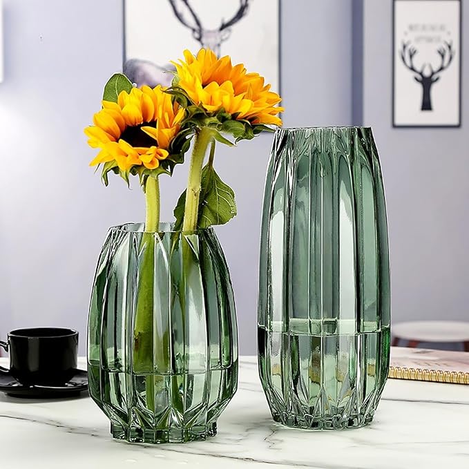 Green Ribbed Glass Vase - Modern Tall/Short Centerpiece for Flowers, Candles & Decor (H12.0inch)