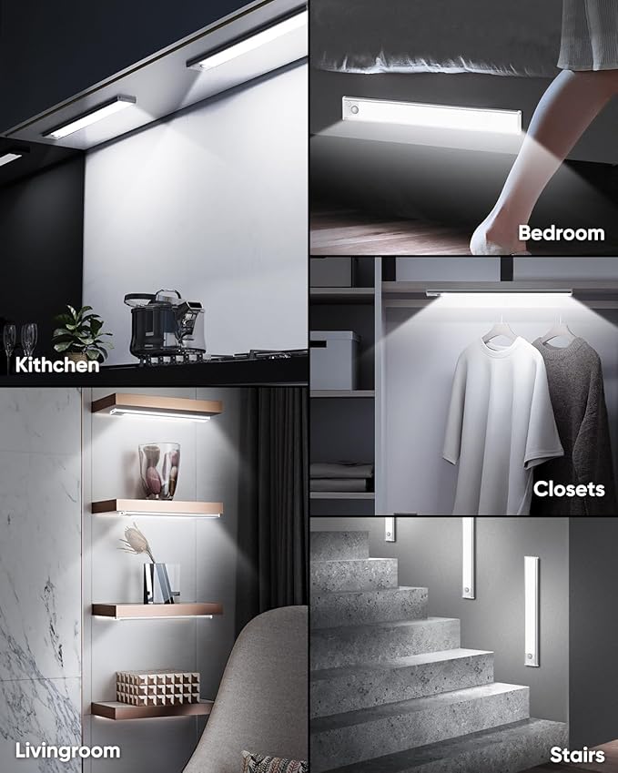 Under Cabinet Lights, 14'' LED Rechargeable Battery Operated Motion Activated Night Light Indoor, 3200mAh Magnetic Dimmable Closet Lights, 6500K Wireless Under Counter Lights for Kitchen, Home, 5 Pack
