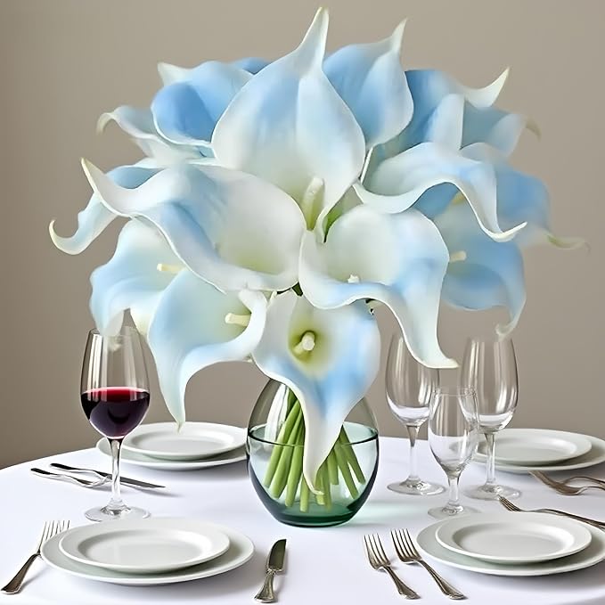 12PCS Realistic Calla Lily Artificial Flowers - 13.5" Latex Real Touch Faux Lilies for Wedding Bouquets, UV Resistant Outdoor Decor & Home Centerpieces (Light Blue)