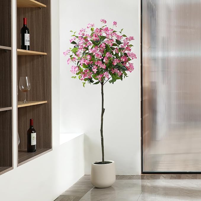 6FT Artificial Bougainvillea Tree- Faux Pink Silk Flowers in White Imitation Ceramic Planter - Fake Plants for Indoor Home Office and Living Room Decor - Perfect Housewarming Gift