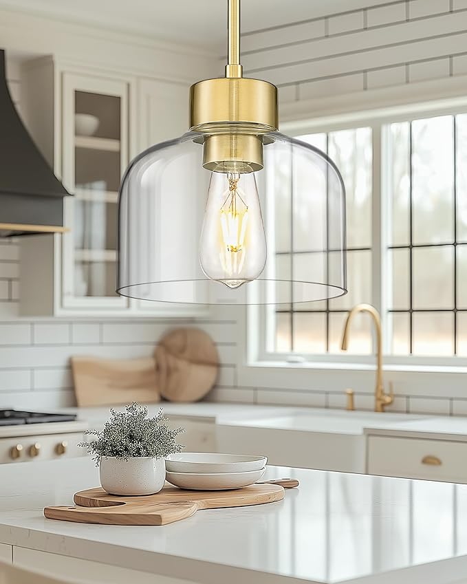Gold Pendant Lights Kitchen Island, 8" Hanging Light Fixtures with Clear Glass Shade, Modern Brass Kitchen Pendant Lighting Over Island for Dining Room, AD-24024-1PL-GD