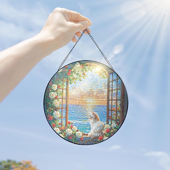 FLAGWIX Christmas Cat Gifts for Women - Stained Glass Window Hanging 10 in - Beach Gifts for Women Mom Grandma, Gift for Cat Lovers, Suncatcher Holiday Christmas Decorations for Home, Coastal Decor