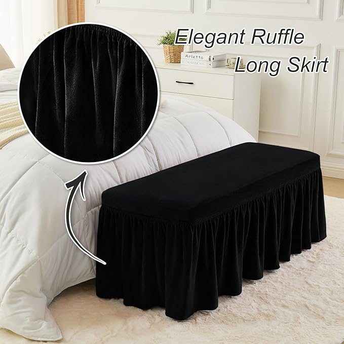 NICEEC Spandex Stretch Dining Bench Cover with Skirt Removable Bench Slipcover Rectangle Washable Bench Cushion Covers for Dining Room Living Room Bedroom Kitchen(Black)