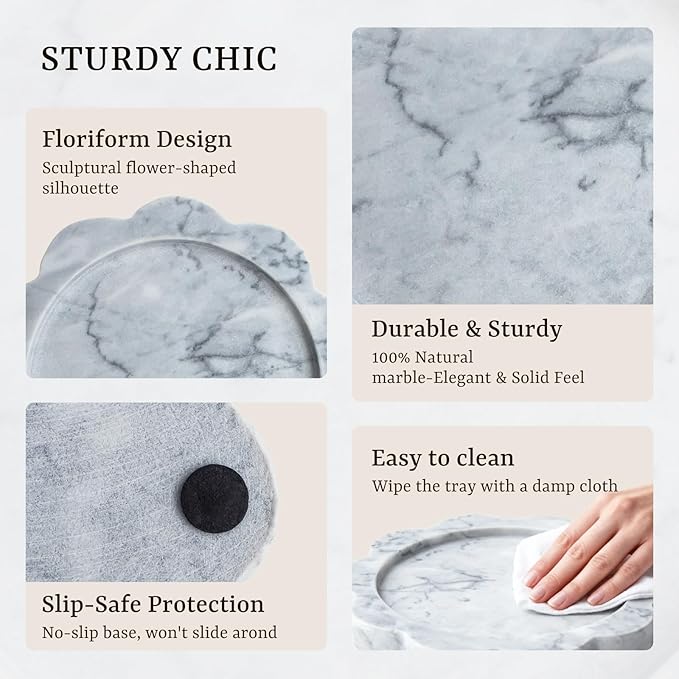 Natural Marble Candle Holder, Elegant Marble Scalloped Tray for Countertop, Solid Feel, Smooth Finish, Catchall for Jar Pillar Candles, Perfume, Key, Jewelry Dish, 6.3" Diameter