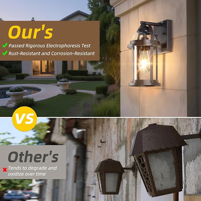 OKELI Dusk to Dawn Outdoor Wall Lights, Waterproof Lighting Fixtures Rustic Farmhouse Wall Lanterns with Clear Glass Shades Anti-Rust Outside Lights for Garage Patio Porch(Brown, 2 Pack)
