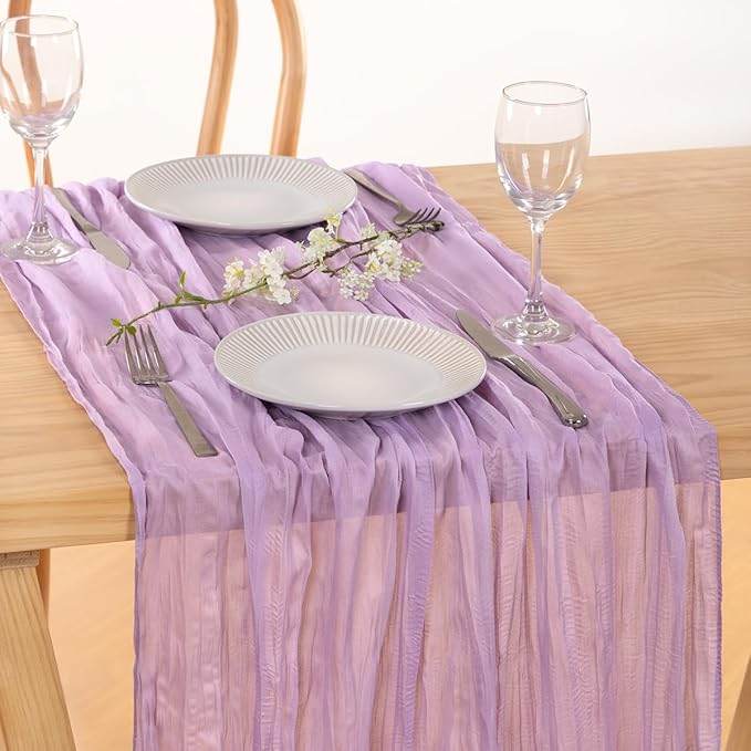 MLMC Lilac Purple Cheesecloth Valentines Table Runner 10ft Rustic Gauze Lavender Cheese Cloth Table Runner Spring Centerpiece 35x120 Inches for Romantic Wedding Bridal Baby Shower Birthday Decor