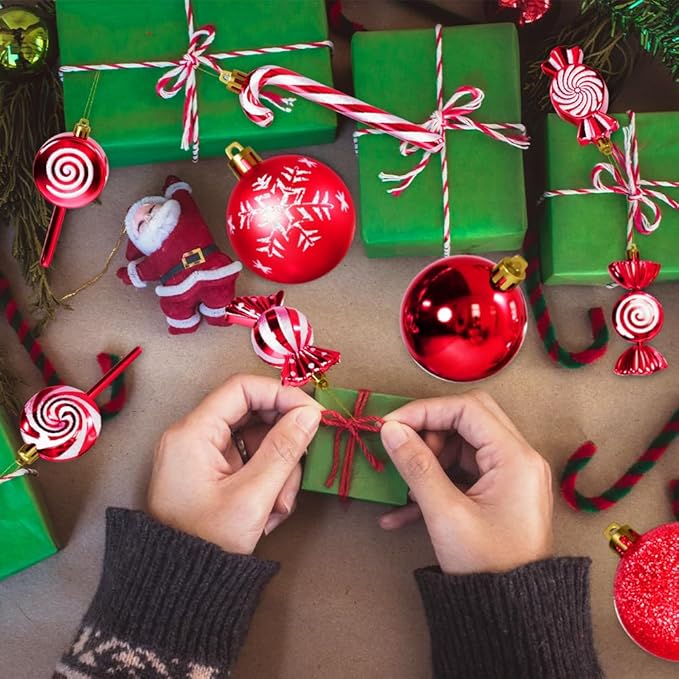 36 Pcs Christmas Ornaments, MOYEE Shatterproof Plastic Christmas Ornaments for Tree - Candy Cane Christmas Decorations Candies Christmas Ball Ornaments (Red)