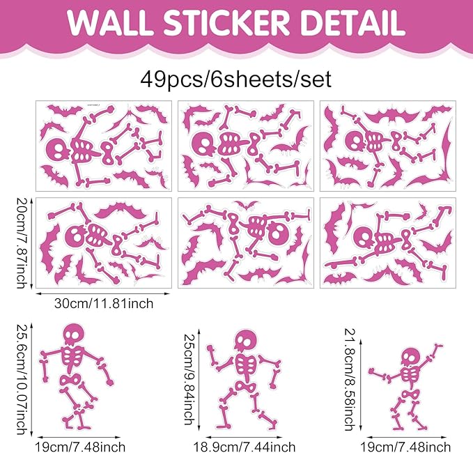 Halloween Wall Decals and Skeleton Window Clings - 6 Sheets 43 Pcs Removable Pink Ghost Bat Wall Stickers for Mirrors, Windows, Home Bedroom Party Decor