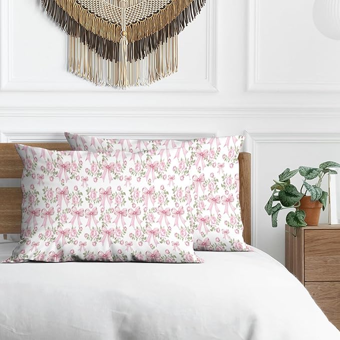 Pink Floral Pillow Protectors with Zipper Standard Size Coquette Bow Print Pillow Covers Set of 2 Vintage Preppy Pillowcases Protector for Girl Woman Pink and White Bed Pillow Covers 30"X20"