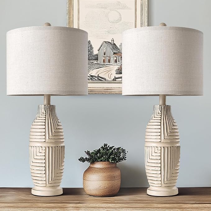 BOBOMOMO 25" Rustic Farmhouse Table Lamps Set of 2, Vintage Resin Nightstand Lamps with Fabric Shades, Retro Bedside Lamps for Bedroom, Living Room, Dining Room, Home Decoration
