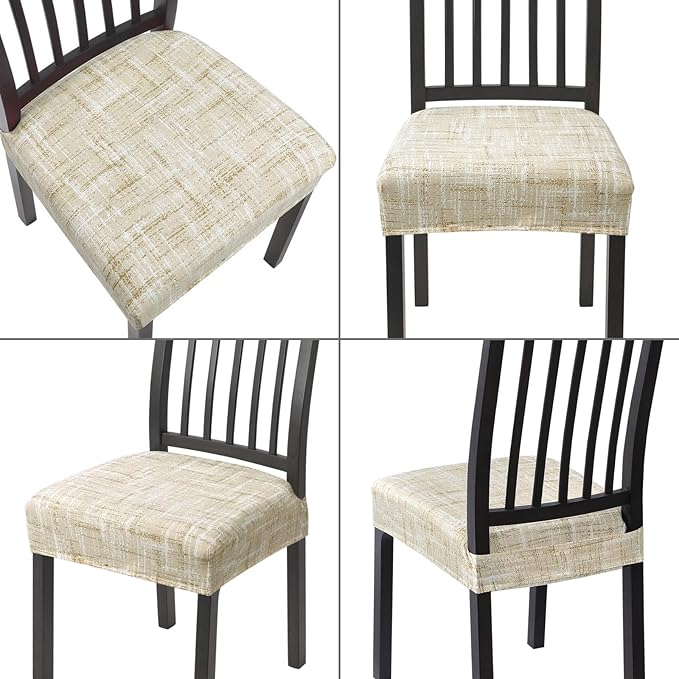 SearchI Stretch Dining Chair Seat Covers Set of 4, Stretch Washable Chair Covers for Dining Chairs, Kitchen Chair Covers Protector (Rear-Covered, Beige White Stripe)