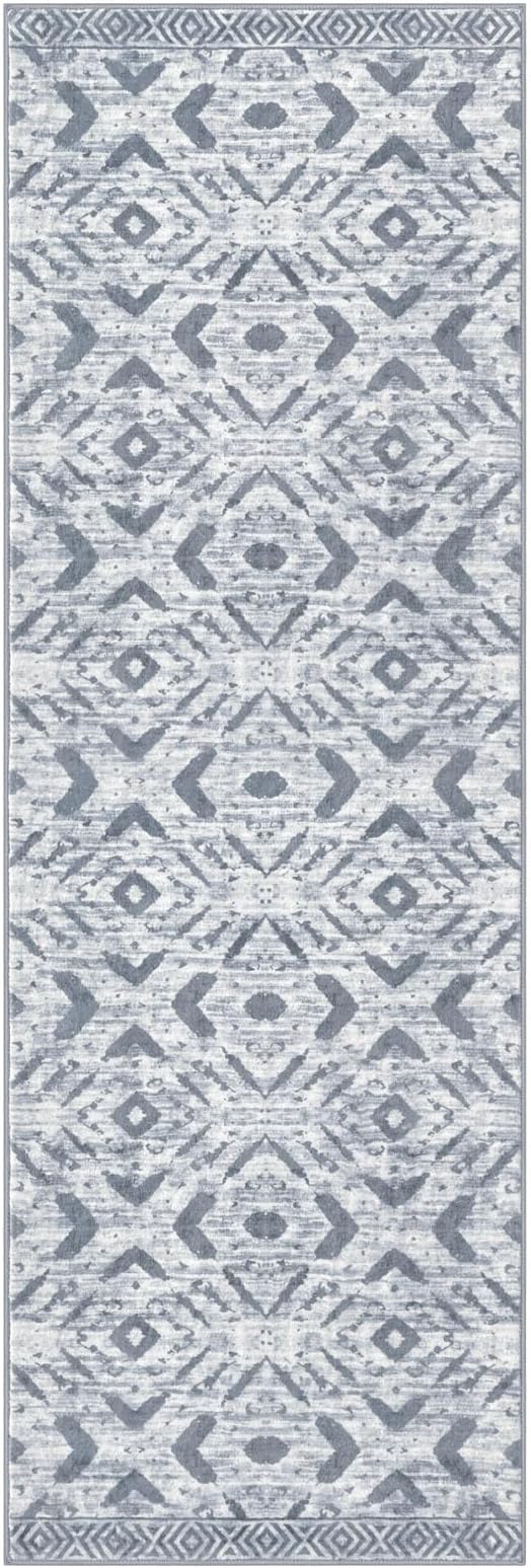 KILOCOCO Boho Kitchen Runner Rug 2x6 Washable Runner Rug, Soft Runners for Hallways Non Slip Printed Low-Pile Distressed Laundry Room Rugs for Entryway/Bedroom/Living Room, Gray/White