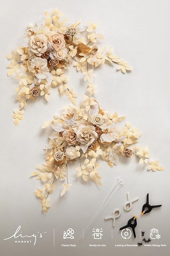 Ling's moment 2PCS White & Beige Artificial Flower Garland Floral Swags Table Centerpieces Wedding Decoration Rose Garlands Greenery Arrangements for Sweetheart/Head Table Decor