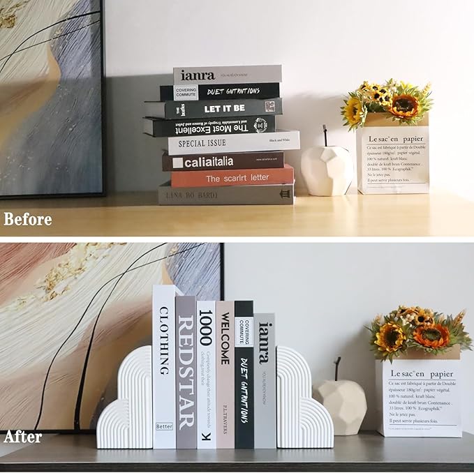 Decorative Book Ends for Heavy Books - Concrete Clound Aesthetic Bookends - Set of 2 Boho Book Stopper for Modern Home Office Bookshelf Decor (Concrete-White)