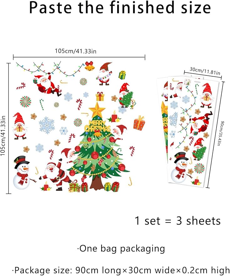 41.33 x 41.33 Inch Christmas Tree Wall Decal Christmas Santa Claus Snowmen Wall Stickers Removable Xmas Wall Decor for Christmas Holiday Party Supplies Home Window Decor