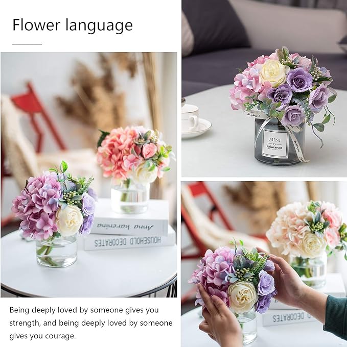 Artificial Rose Flower Bouquet Set, Hydrangea Hand Bouquet and vase, Ins Style Artificial Flower Set(Purple)
