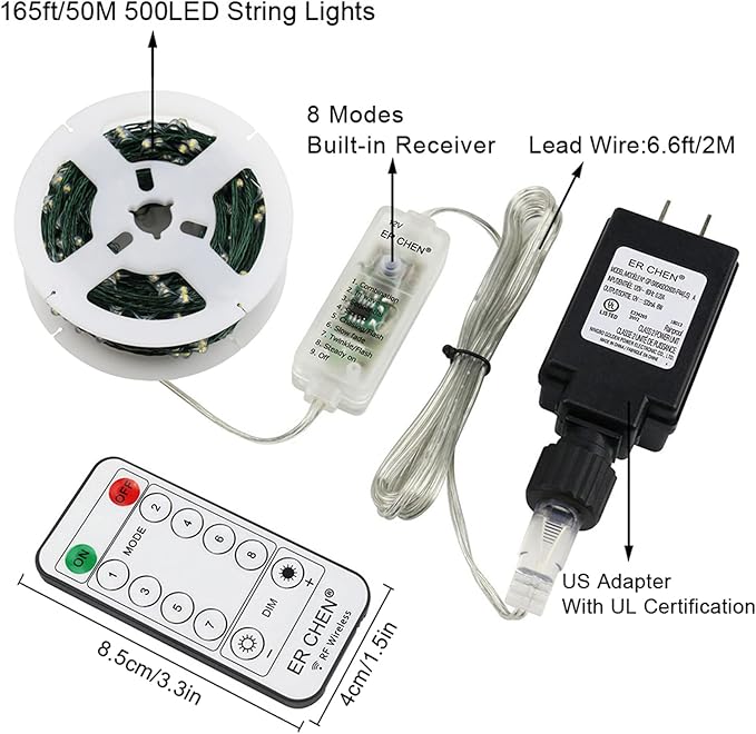 ER CHEN 165ft Led String Lights, 500 Led Starry Lights on 50M Green Copper Wire String Lights Power Adapter + Remote Control(Warm White)