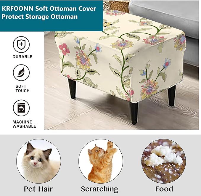 KRFOONN Stretch Ottoman Cover Slipcovers Rectangle Fit Length 39"-47" Footrest Stool Covers Printed Ottoman Cover for Foot Stool Furniture Protector with Non Slip Elastic Bottom, Color 05