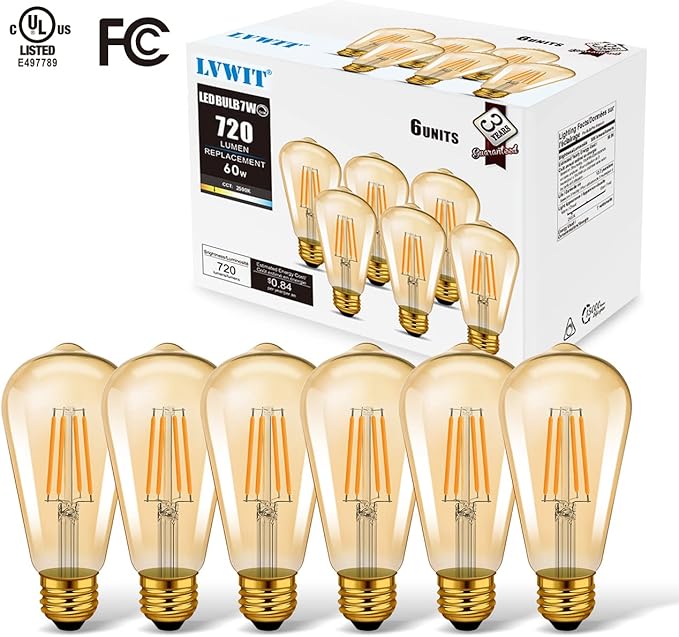 LVWIT Vintage Edison Light Bulb ST21 LED Filament Bulb 8W(60 Watt Equivalent) Dimmable 2500K (Amber Glow) Warm White E26 Medium Base, Amber Glass Cover,6 Pack