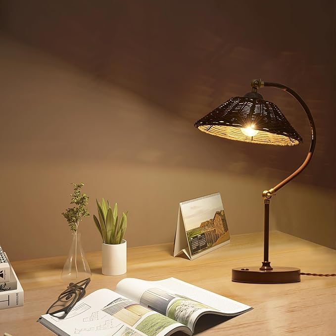 Woven Rattan Bedside Table Lamp Set of 2, Boho Plug in Handmade Rattan Shade & Anti-Rust Iron Base Desk Lamp, Plug & Play Vintage Dark Brown Nightstand Lamp for Living Room,Office【Bulb Included】