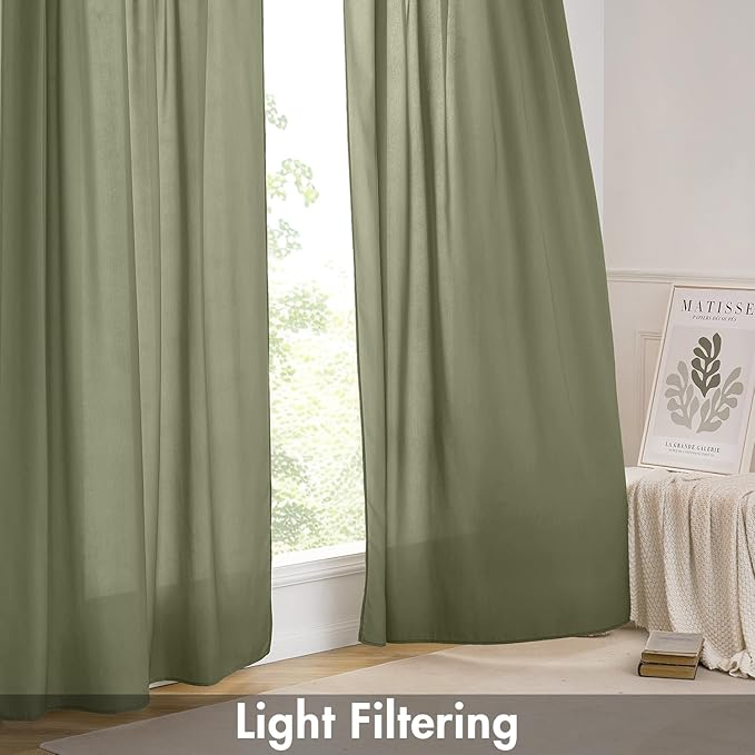 EMEMA Privacy Sheer Curtains 84 Inches Long 2 Panels Set, Non-See-Through Light Filtering Semi Sheer Curtains for Bedroom Living Room, Window Drapes That Let Light in, 52x84 Inch, Sage Green