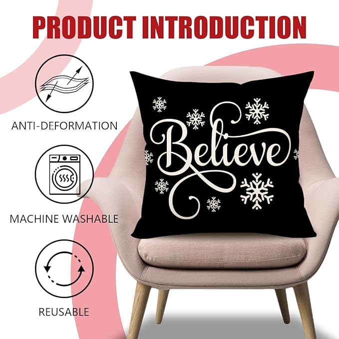 4TH Emotion Buffalo Check Christmas Pillow Covers 16x16 Set of 4 Black White Farmhouse Xmas Decorations Winter Holiday Decor Throw Cushion Case for Home Couch S24C40-16