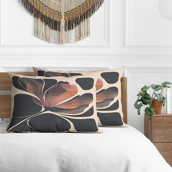 Dark Floral Pillow Protectors with Zipper Standard Size Boho Botanical Pillow Covers Set of 2 Vintage Neutral Moody Black Flower Pillowcases Mid Century Modern Bed Pillow Covers 24"X12"