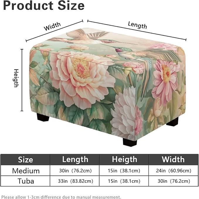 Floral Hummingbird Ottoman Cover Rectangular Stretch Ottoman Slipcover Rectangle Waterproof Storage Footstool Covers Furniture Protector with Elastic Bottom for Living Room